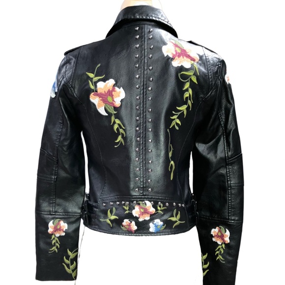 🎉Chic Boho Gorgeous Floral Print Embroidery Faux Leather Moto Bomber Jacket S - Picture 12 of 16